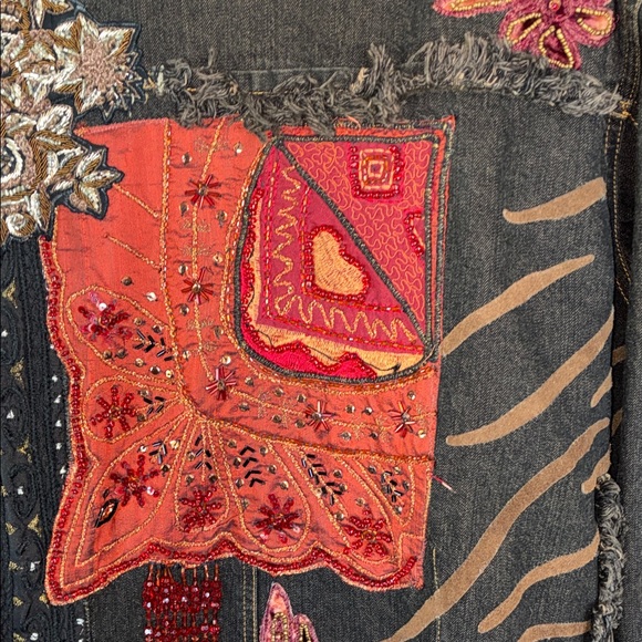 CHICO'S Embellished Denim Jacket, dark brown & red; embroidery, studs, beads. L - Picture 10 of 17